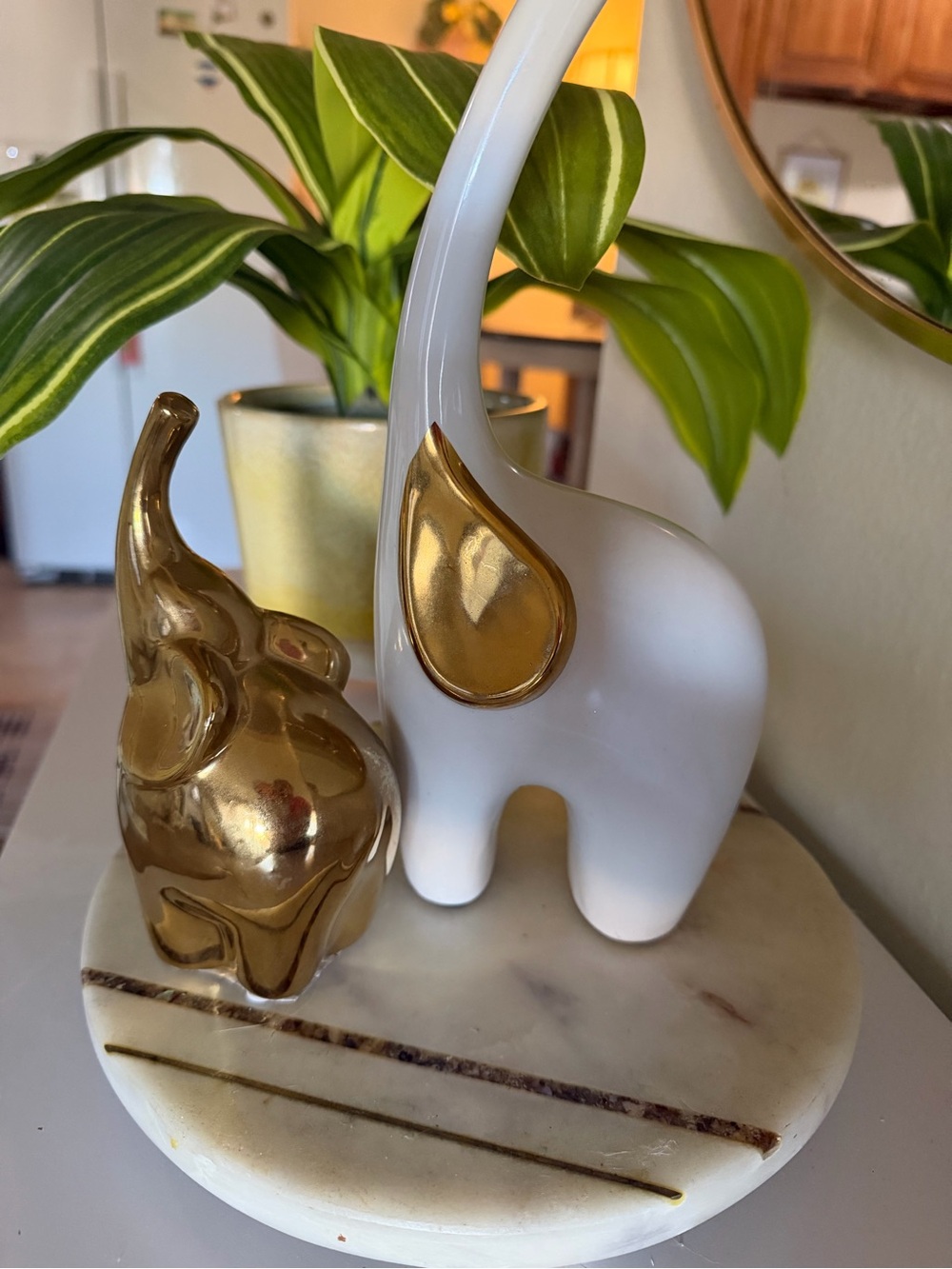 Set 2 White Ceramic Elephant Figurine with Gold Accent 10/ 6 inches